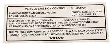 Dekal Vehicle Emission till Volvo 1800 1972